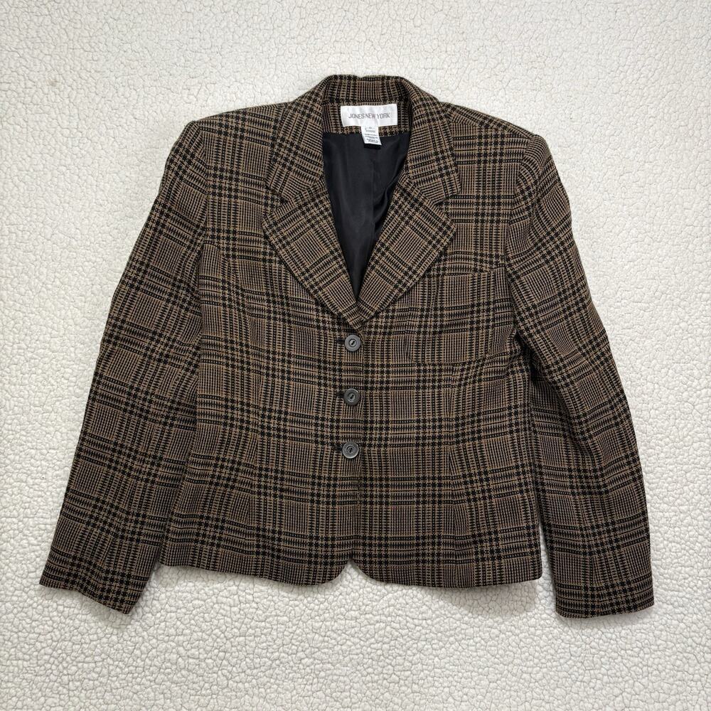 Jones New York Blazer Jacket Lined 3 Button Worsted Wool Plaid Size 8‎ Black Tan